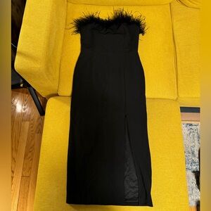 Black strapless, feather top, bodycon dress